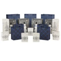 Hallmark Bulk Blue And Gray 18-Pack Holiday Gift Bags, Assorted Sizes And Designs