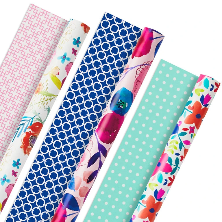 Hallmark Bright Florals 3-Pack Reversible Wrapping Paper, 120 Sq. Ft. Total