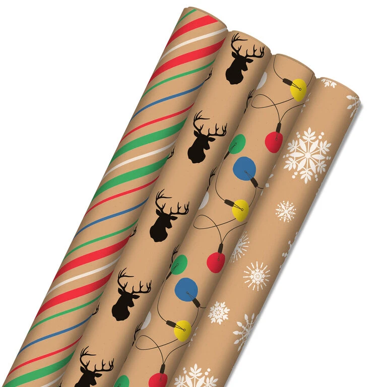 Hallmark Colorful Christmas 4-Pack Kraft Wrapping Paper Assortment, 88 Sq. Ft.