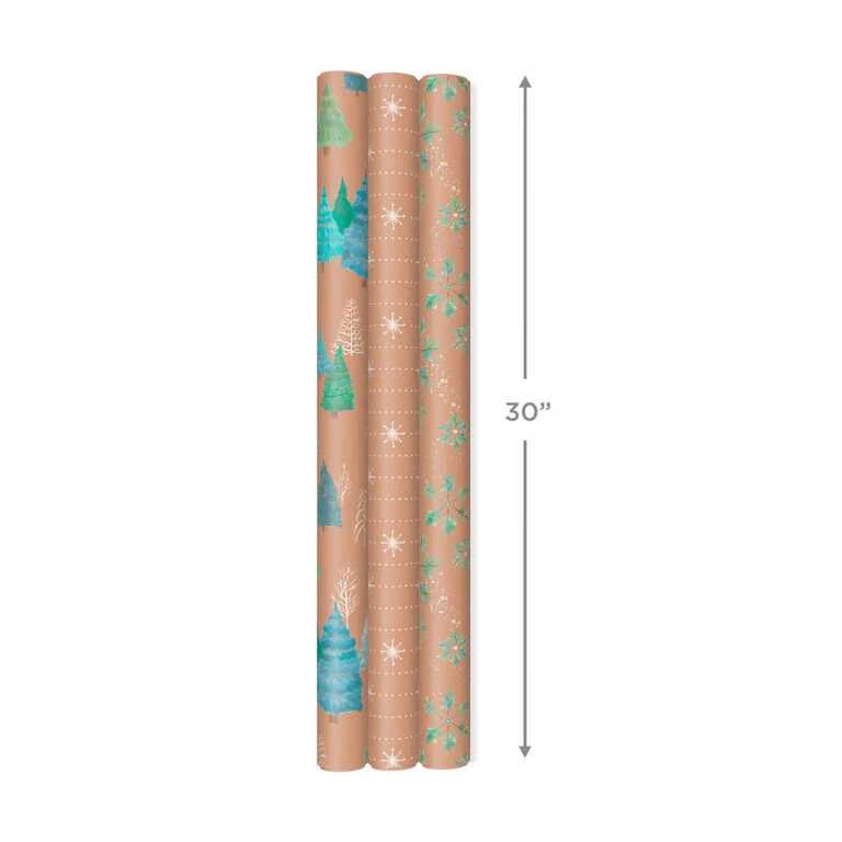 Hallmark Winter Nature Kraft Prints 3-Pack Christmas Wrapping Paper, 90 Sq. Ft. - Image 4